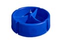 MF-99 blue plastic round mineral feeder tub without lid, overhead view showing three-section divider and centre bolt