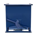 SD100R blue steel self-dumping hopper, straight front view showing trip latch mechanism and open forklift pockets