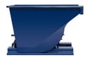 SD100R blue steel self-dumping hopper, direct side view showing curved dump wall and pivot axle on base