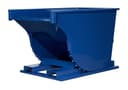 SD100R blue steel self-dumping hopper tilted forward, front-left angle showing interior and curved discharge wall