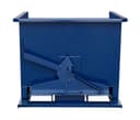 SD12R blue steel self-dumping hopper, straight front view showing trip latch assembly and forklift pockets