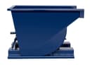 SD12R blue steel self-dumping hopper, direct side view showing curved discharge wall and pivot axle