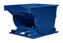 SD12R blue steel self-dumping hopper tilted forward, front-left angle exposing interior and curved lower wall