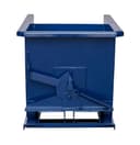 SD14R blue steel self-dumping hopper, straight front view showing trip latch mechanism and forklift pocket openings
