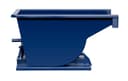 SD14R blue steel self-dumping hopper, direct side view showing curved discharge wall and pivot axle on base