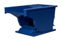 SD14R blue steel self-dumping hopper tilted forward, front-left angle showing interior tub and curved dump wall