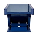 SD14R blue steel self-dumping hopper, straight rear view showing open top and forklift base frame