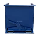 SD150R blue steel self-dumping hopper, straight front view showing trip latch mechanism and open forklift pockets