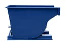 SD150R blue steel self-dumping hopper, direct side view showing curved discharge wall and pivot axle on base