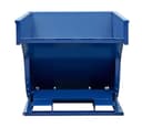 SD150R blue steel self-dumping hopper tilted forward, three-quarter view showing interior and curved discharge wall