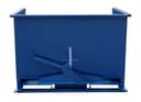 SD200R blue steel self-dumping hopper, straight front view showing trip latch mechanism and open forklift pockets
