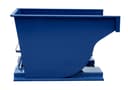 SD200R blue steel self-dumping hopper, direct side view showing curved discharge wall and pivot axle on base