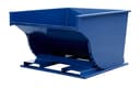 SD200R blue steel self-dumping hopper tilted forward, three-quarter view showing interior and curved discharge wall