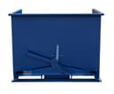 SD250R blue steel self-dumping hopper, straight front view showing trip latch mechanism and open forklift pockets