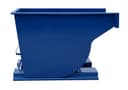 SD250R blue steel self-dumping hopper, direct side view showing curved discharge wall and pivot axle on base