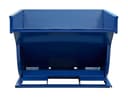 SD250R blue steel self-dumping hopper tilted forward, three-quarter view showing interior and curved discharge wall