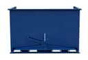 SD500R blue self-dumping hopper straight front view showing trip latch, spring, and forklift pockets