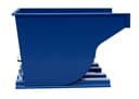 SD500R blue self-dumping hopper direct side view showing curved dump chute and multi-rail forklift base