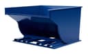 SD500R blue self-dumping hopper tilted open showing interior dump chute, three-quarter front view