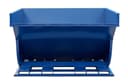 SD500R blue self-dumping hopper straight front view with hopper tilted open and wide forklift base