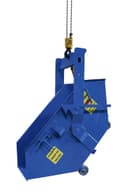Crane Hopper 3/4 yard blue steel hopper suspended by crane chain, tilted showing dump position, side view