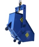 Crane Hopper 3/4 yard blue steel hopper suspended from chain, partially tipped forward showing open chute