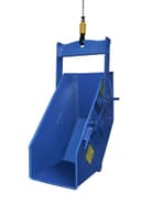 Crane Hopper 3/4 yard blue steel hopper suspended and fully tipped, discharge chute facing forward