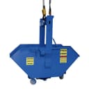 Crane Hopper 3/4 yard blue steel hopper with crane hook in upright position showing front face and casters