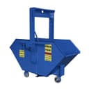Crane Hopper 3/4 yard blue steel hopper on casters with crane frame, three-quarter front-left view