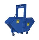 Crane Hopper 3/4 yard blue steel hopper on casters with crane frame, three-quarter front-right view