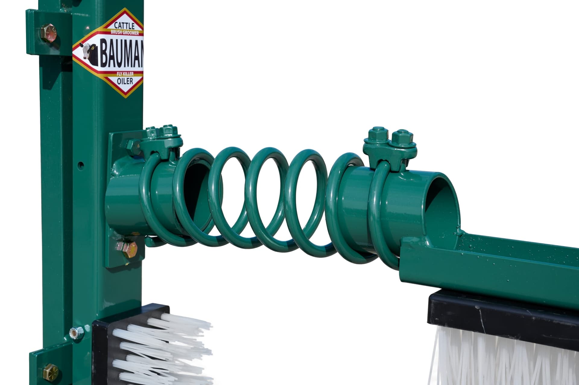 D-93 cattle groomer close-up of green coil spring arm and dual nylon brush assemblies