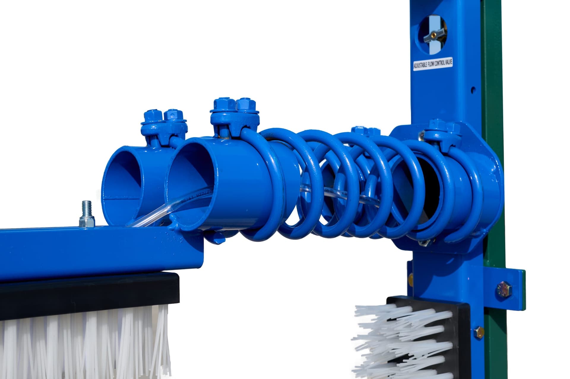 D-15 cattle oiler close-up of blue coil spring arm mechanism with nylon brushes below