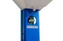 D-15 cattle oiler close-up of adjustable brass flow control valve on blue post below reservoir