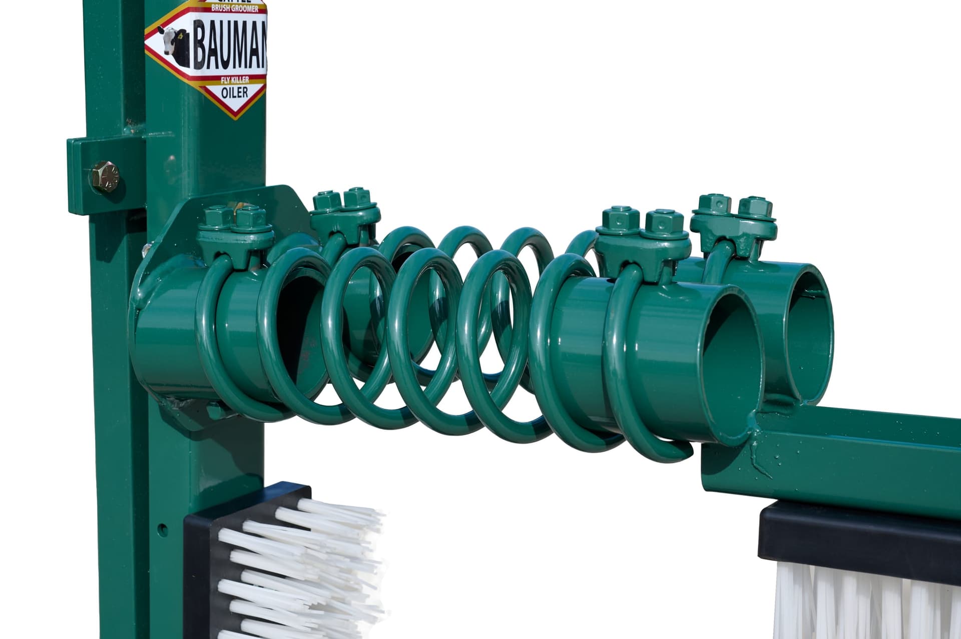 D-93-D cattle groomer close-up of red post with adjustable brass flow control valve below white reservoir