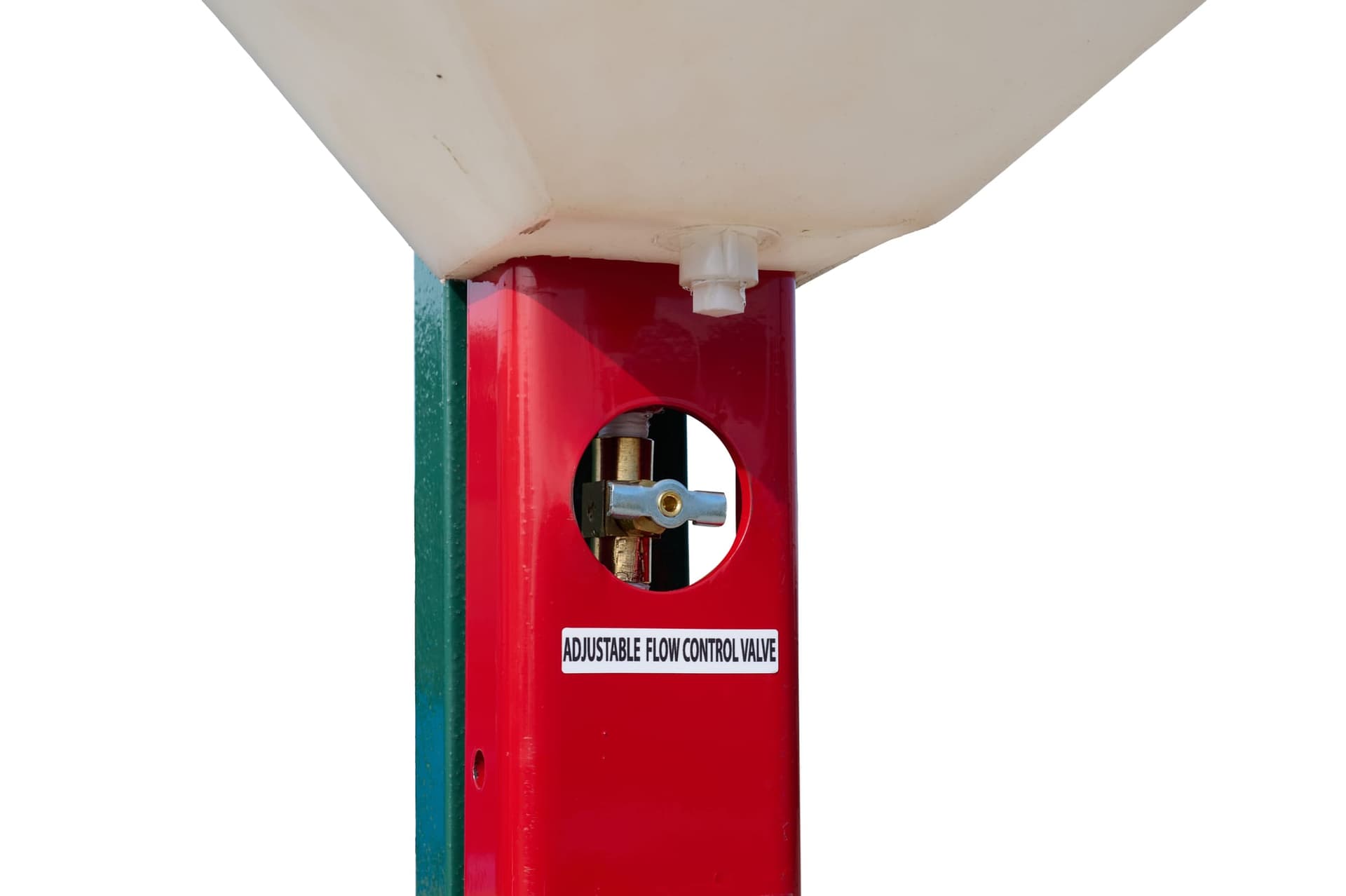 D-95 cattle oiler close-up of red coil spring arm and brush mount connecting to post
