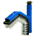 Goat scratcher blue dual-brush frame showing V-shaped brush angle and top mounting bracket, front-angle view