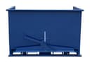 SD300R blue steel self-dumping hopper, straight front view showing trip latch mechanism and open forklift pockets