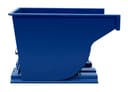 SD300R blue steel self-dumping hopper, direct side view showing curved discharge wall and pivot axle on base