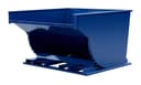 SD300R blue steel self-dumping hopper tilted forward, three-quarter view showing interior and curved discharge wall