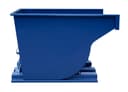 SD400R blue self-dumping hopper direct side view showing curved dump chute and multi-rail base