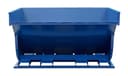 SD400R blue self-dumping hopper straight front view with hopper tilted open and wide forklift base