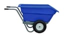 Wheel Barrow blue poly tub on grey steel single-wheel frame with two push handles, side view