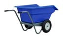 Wheel Barrow blue poly tub on grey steel two-wheel frame with two push handles, three-quarter rear view