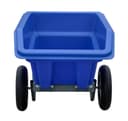 Wheel Barrow blue poly tub on grey steel two-wheel axle, straight-on front view showing open tub interior
