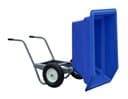Wheel Barrow blue poly tub tipped upright in dump position, grey steel frame and wheels visible