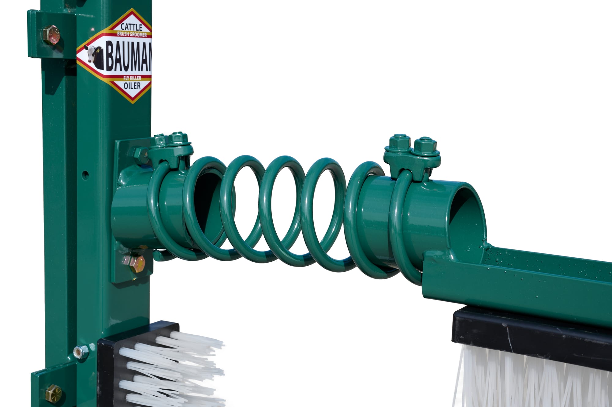D-93 cattle groomer close-up of green coil spring arm and dual nylon brush assemblies