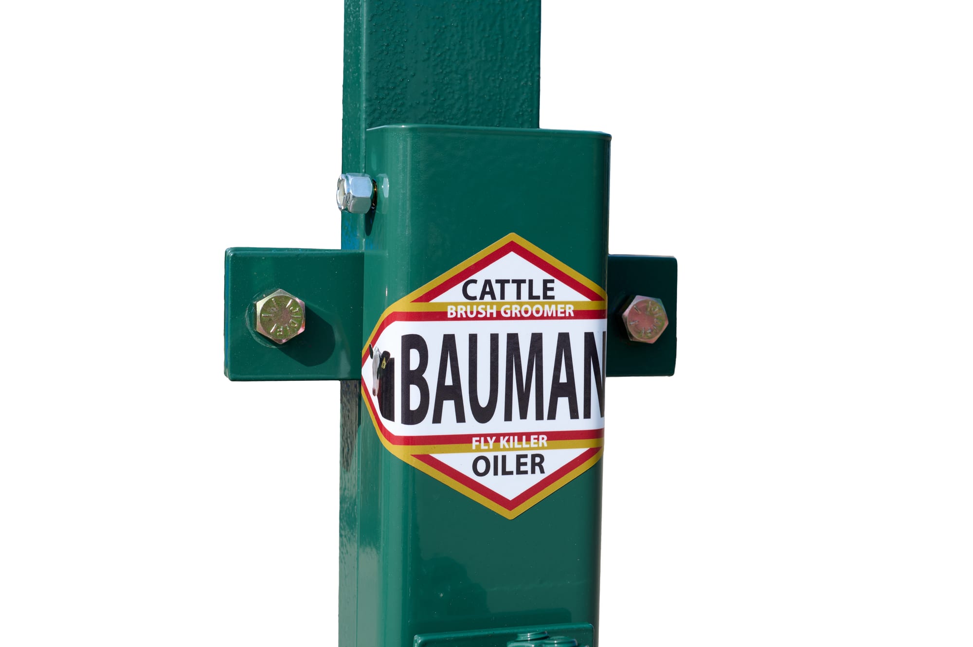 D-93 cattle groomer all-green unit, alternate full side view showing brush arm extended right