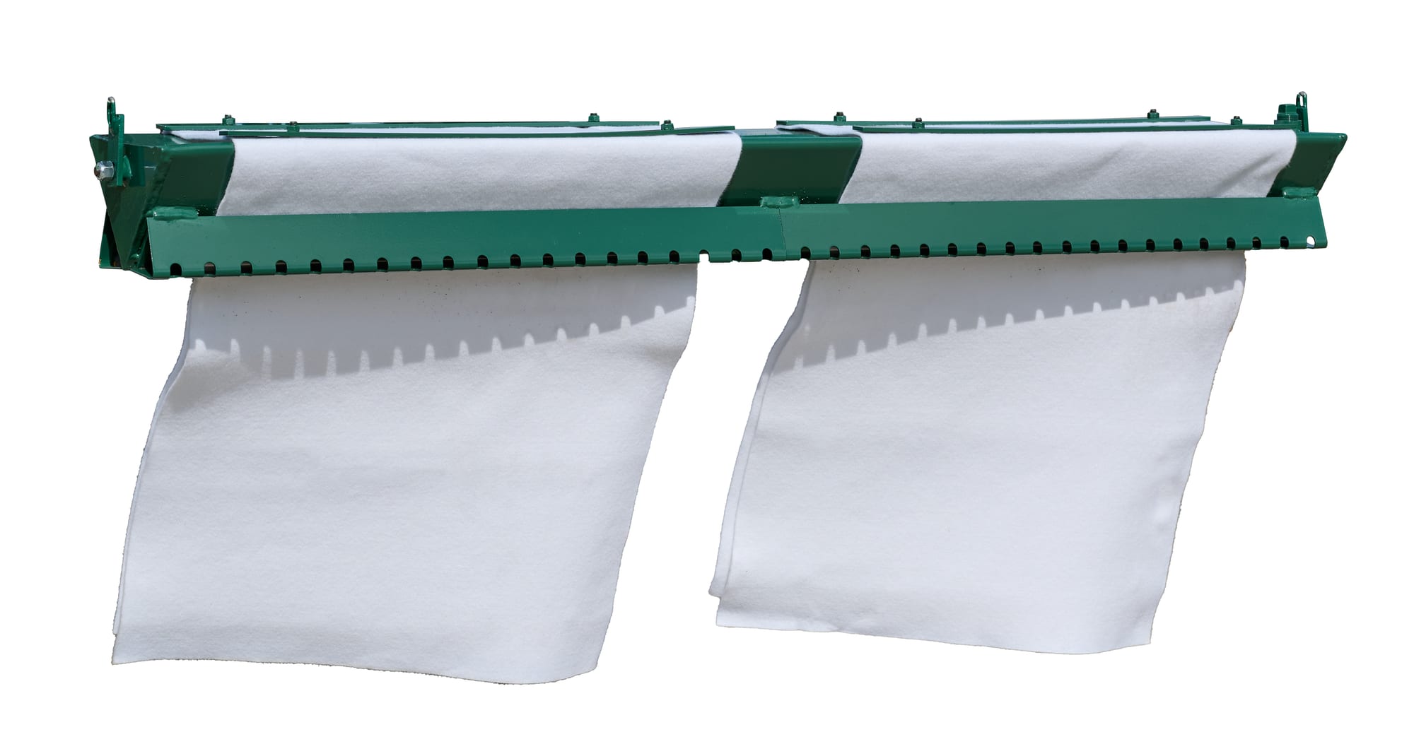 BHF B cattle oiler 60-inch green steel frame with two white felt wick rollers, full front view