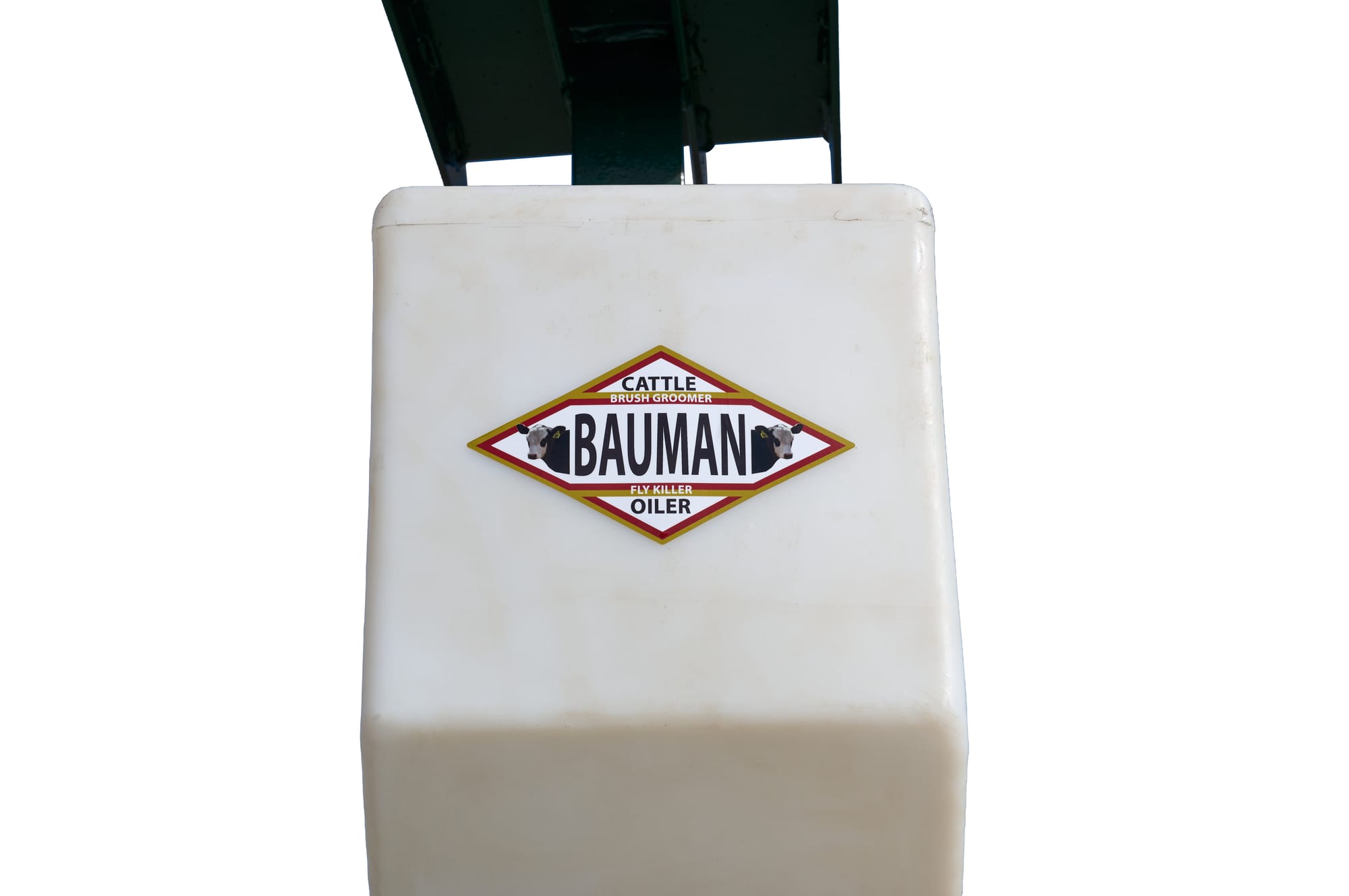 D-15 cattle oiler white plastic rectangular reservoir with Bauman label, top-angle close-up