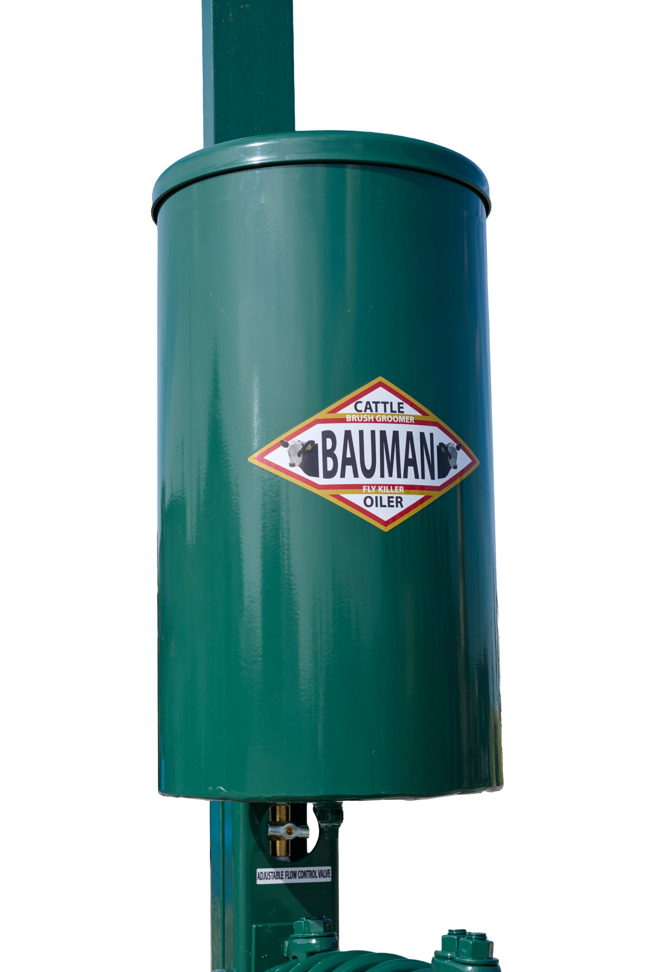 D-91 cattle oiler close-up of green post collar bracket with Bauman label and bolt hardware